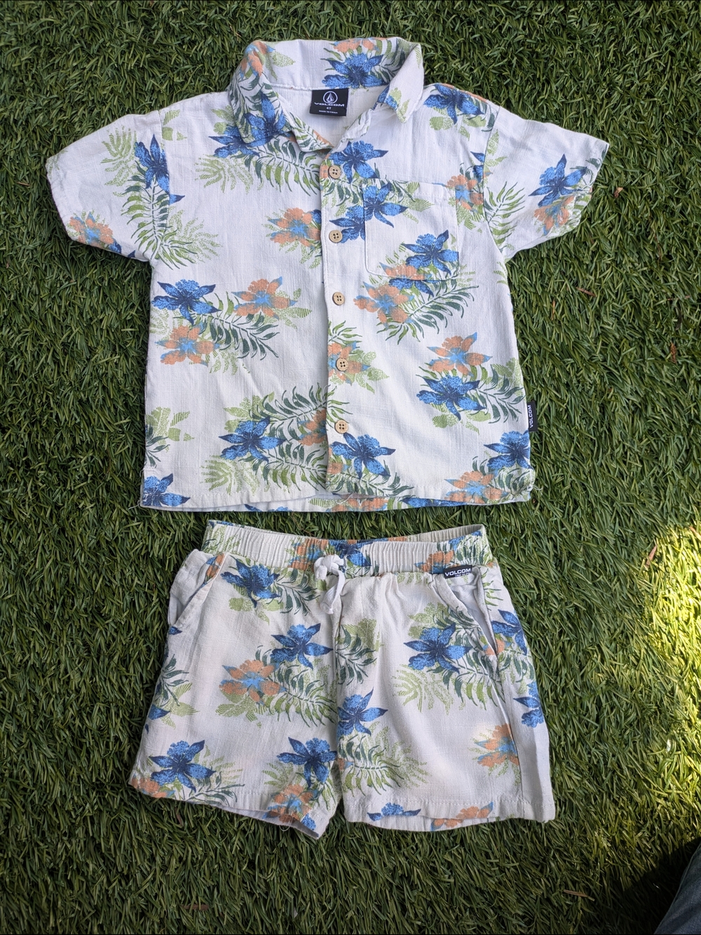 Volcom Kids Floral Button-Up Pajama Set - White, Blue & Orange